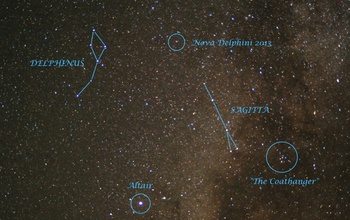 image of the sky with highlighted novae and constelations delphinus, sagita, the coathanger